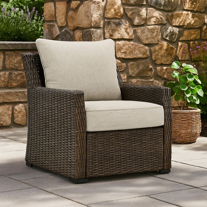 Soha Outdoor Lounge Chair, Brown Resin Wicker, Beige Nuvella Cushions