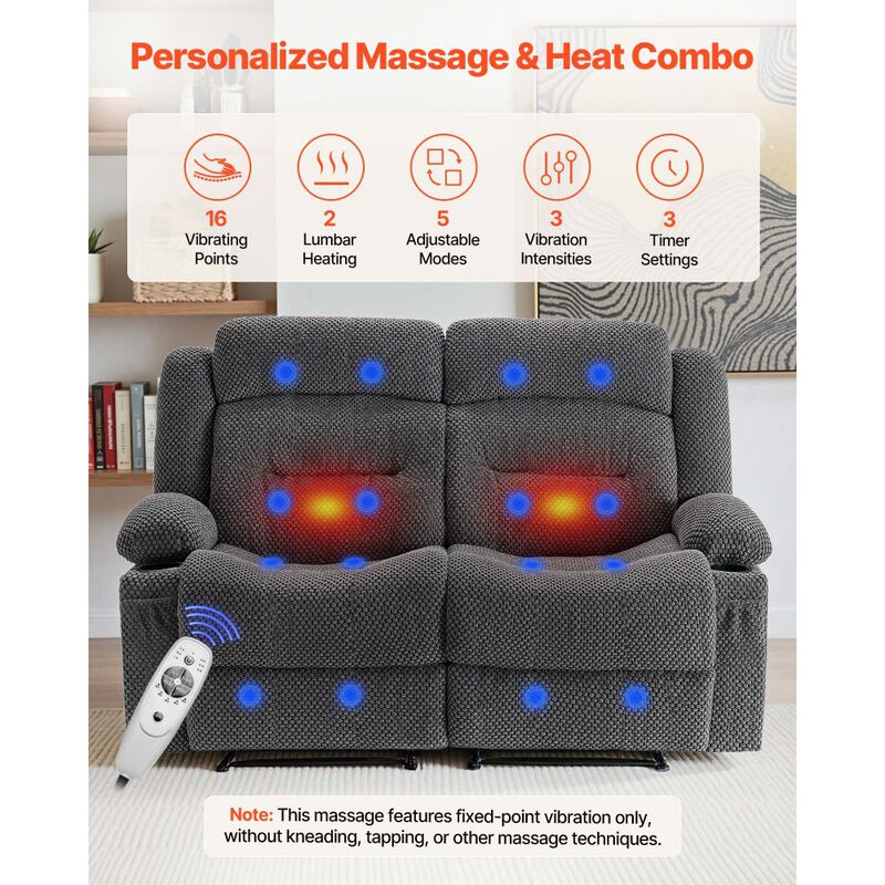 Reclining Loveseat Sofa with Heat Massage, USB Ports, Side Pockets and Cup Holders-Grey image number 3