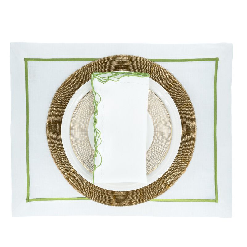 Linen Napkins With Green Ruffled Hemstitch Edges, Set of 4
