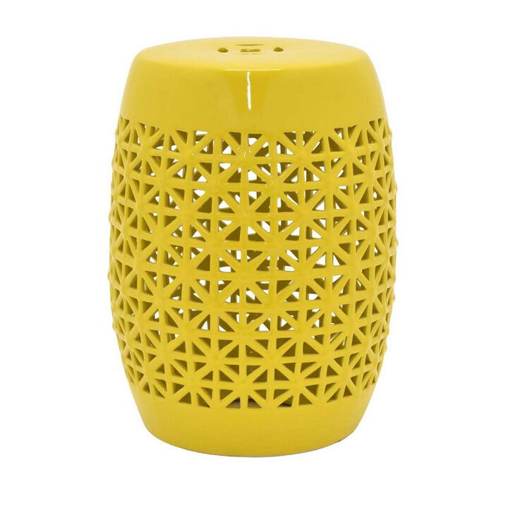 Vol 18 Inch Plant Stand Table Stool, Cut Out Details, Drum Shape, Yellow - Benzara