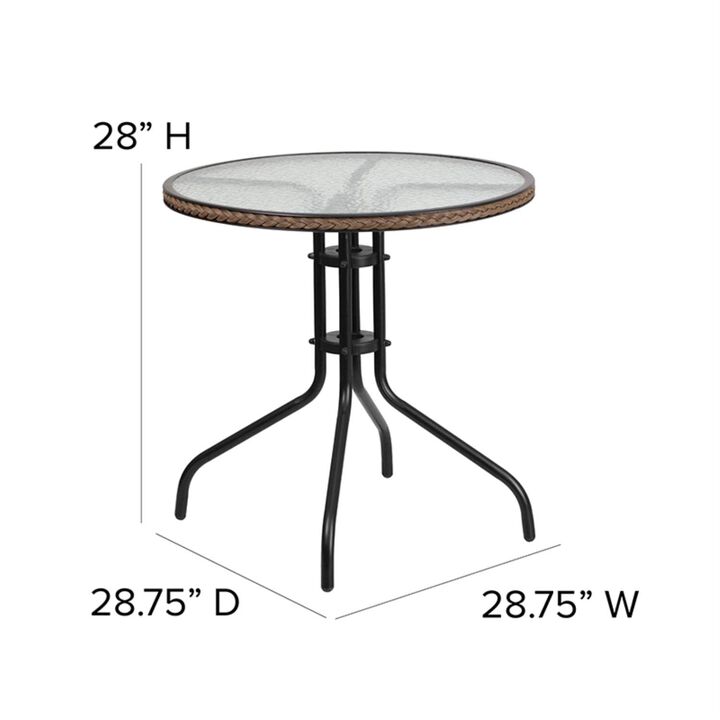Flash Furniture Lila 28'' Round Glass Metal Table with Dark Brown Rattan Edging and 2 Dark Brown Rattan Stack Chairs