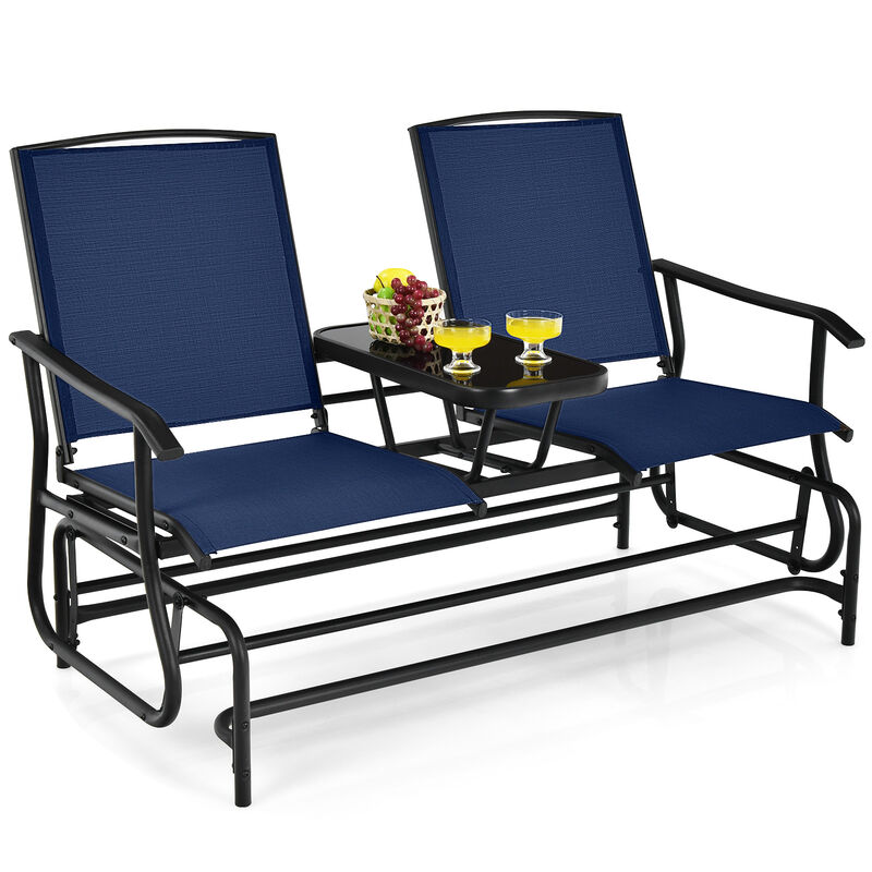 2-Person Double Rocking Loveseat with Mesh Fabric and Center Tempered Glass Table