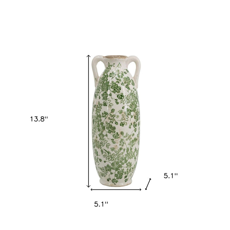 HomeRoots 14" Green And White Leaf Ceramic Amphora Table Vase image number 6