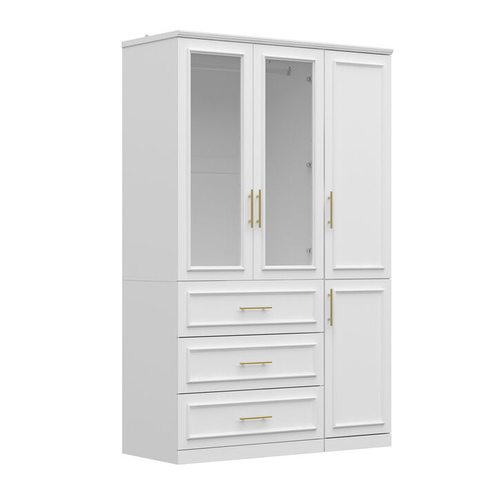 FUFU&GAGA White Wardrobe with 4 Doors, 3 Drawers, 2 Hanging Rods, and Adjustable Shelves – Stylish and Functional Bedroom Storage Solution (47.4" W x 19.3" D x 74.8" H),White