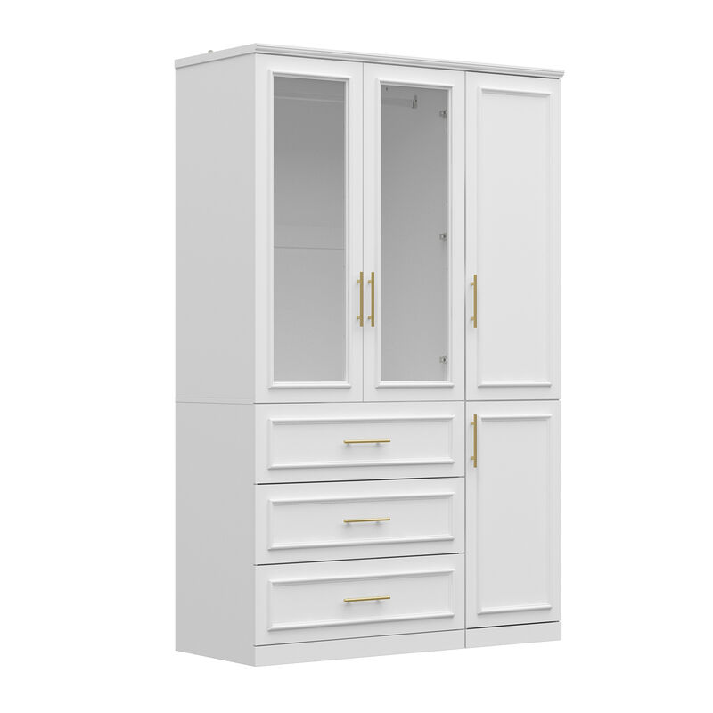 FUFU&GAGA White Wardrobe with 4 Doors, 3 Drawers, 2 Hanging Rods, and Adjustable Shelves – Stylish and Functional Bedroom Storage Solution (47.4" W x 19.3" D x 74.8" H),White