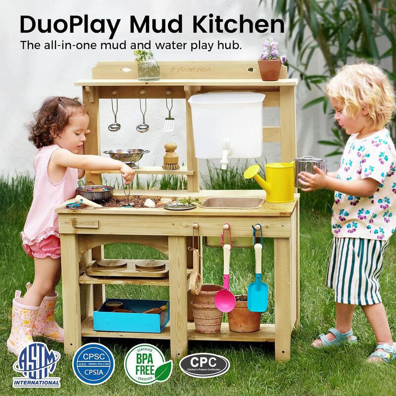 Outdoor Mud Kitchen - Wooden Water Play Kitchen, 12mm Thick Weather-Resistant Wood, 4L Water Tank & Sink, Modular Stove/Sensory Table, Large Storage image number 3