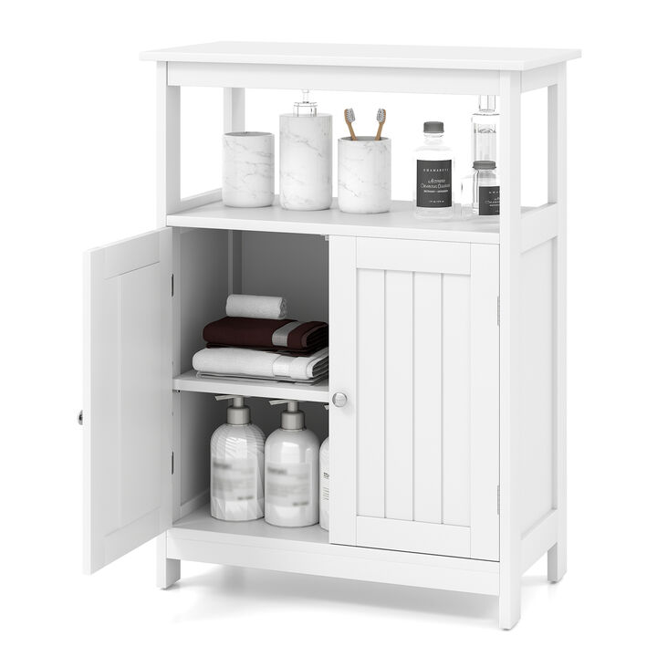 Small Bathroom Floor Cabinet with Open Storage Compartment and Closed Shelves