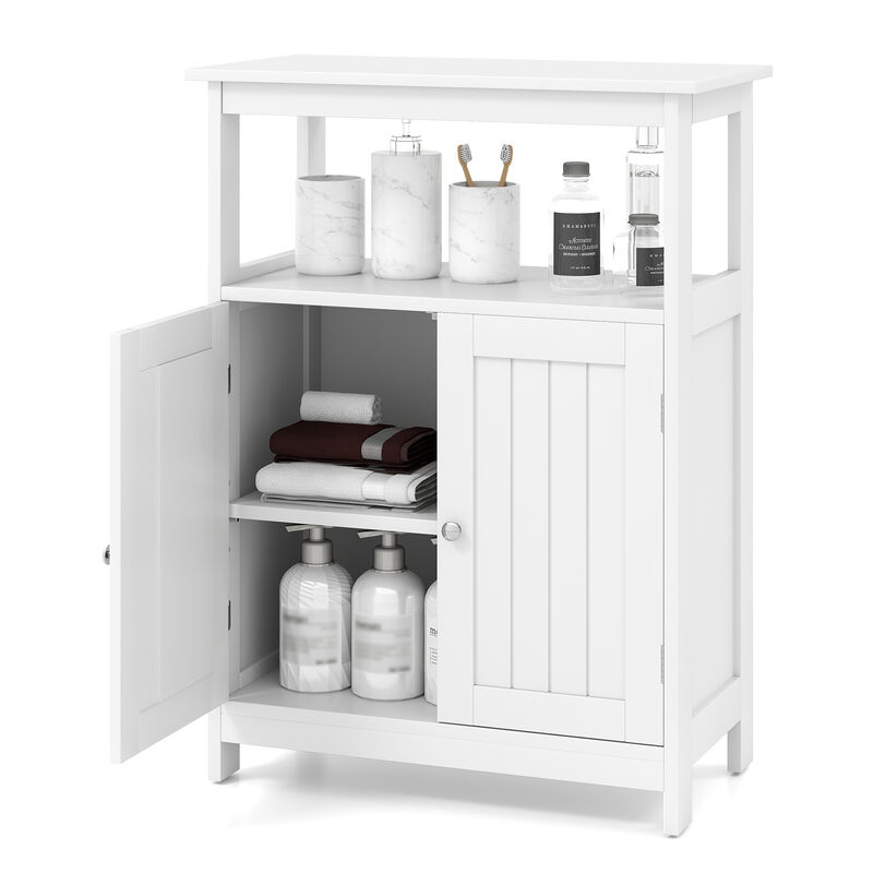 Small Bathroom Floor Cabinet with Open Storage Compartment and Closed Shelves