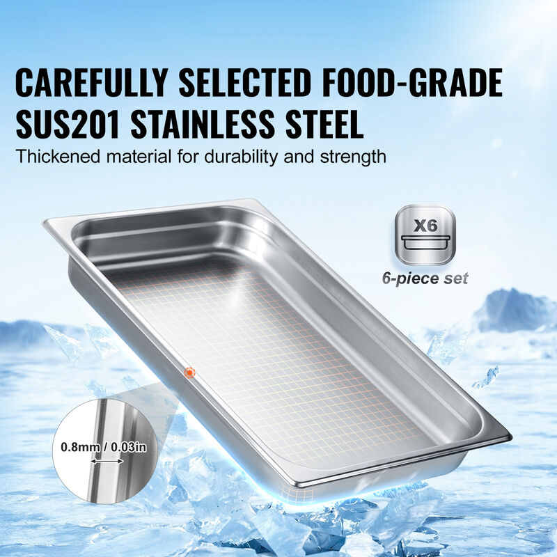 VEVOR 6 Pack Full Size Hotel Pans Steam Table Pan Stainless Steel 2.5" Deep