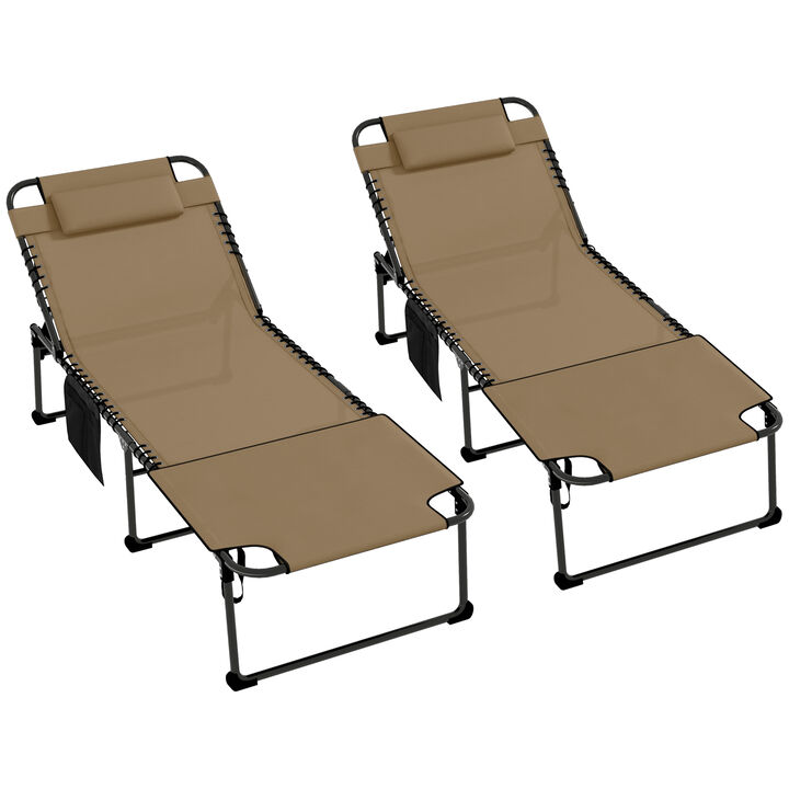 Outsunny 2 Piece Folding Chaise Lounge with 5-level Reclining Back, Outdoor Tanning Chair with Reading Face Hole, Outdoor Lounge Chair with Side Pocket & Headrest for Beach, Yard, Patio, Beige