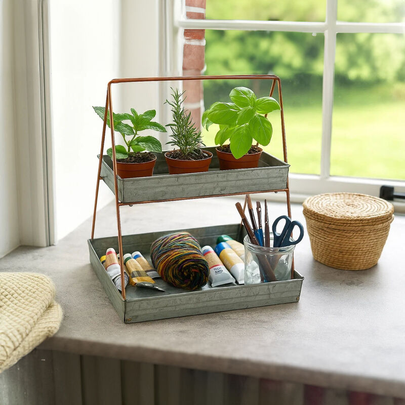Galvanized Metal 2 Tiered Rectangular Serving Tray, Gray - Benzara