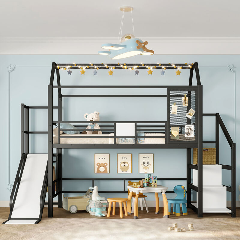 Merax Twin House Loft Bed with Slide & Stairs &ndash; Playful Adventure Meets Practicality image number 2