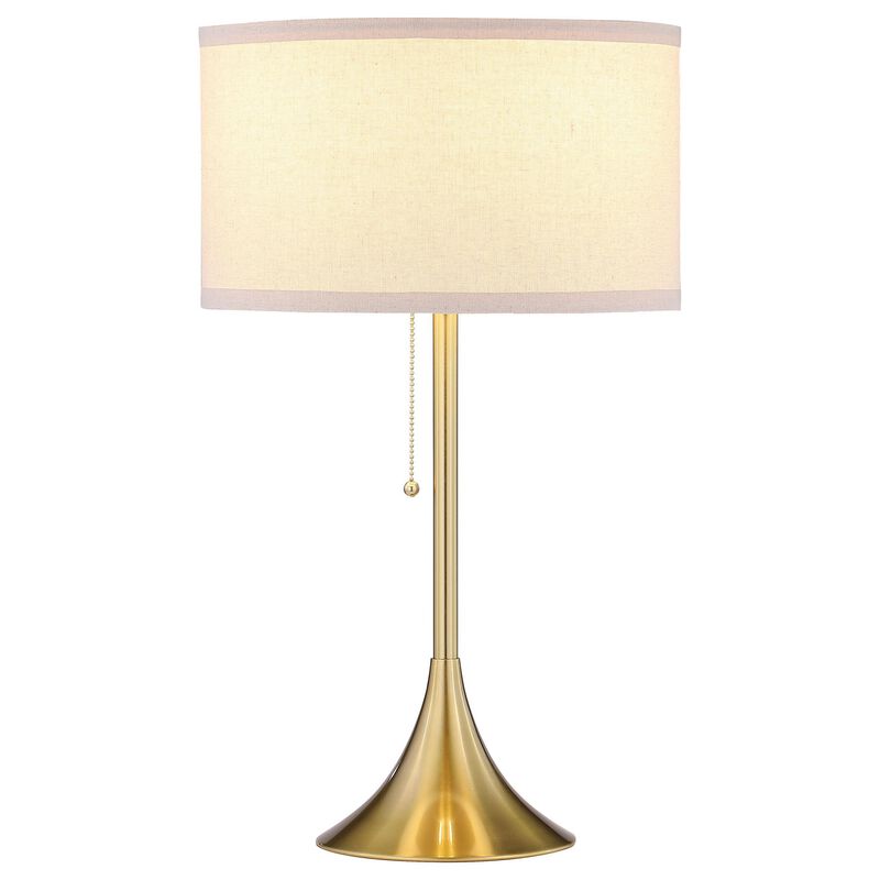 Mikka Table Lamp, Pull-Chain, Gold Flared Pedestal Base, Beige Fabric - Benzara