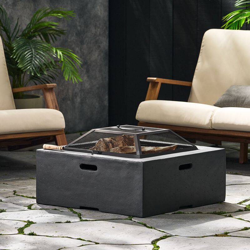 Mondawe 29 Inch Square Wood Burning Fire Pit with Spark Screen and Poker in Dark Gray