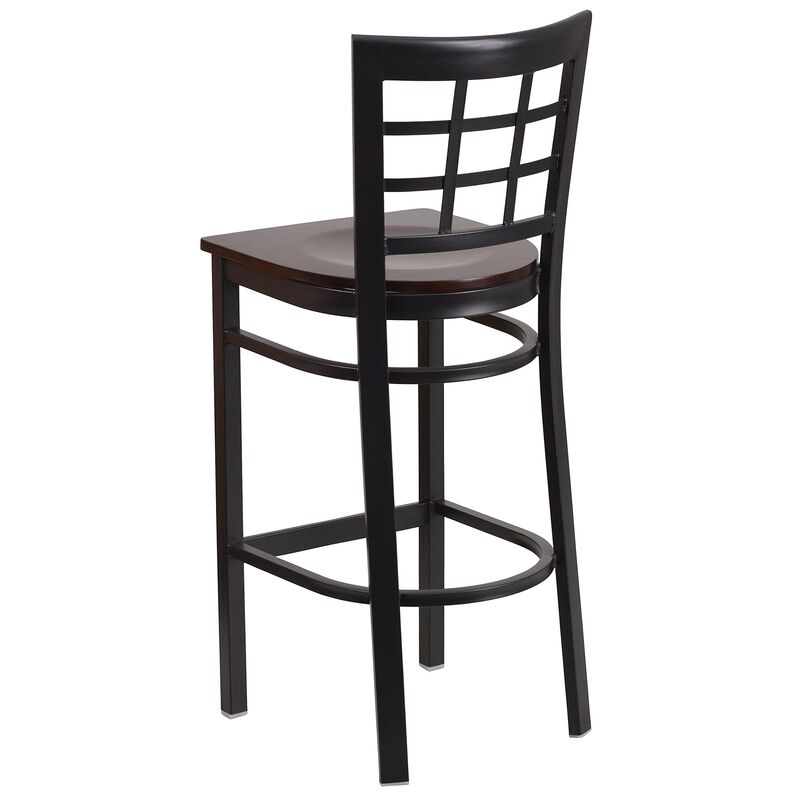 Flash Furniture HERCULES Series Black Window Back Metal Restaurant Barstool - Walnut Wood Seat