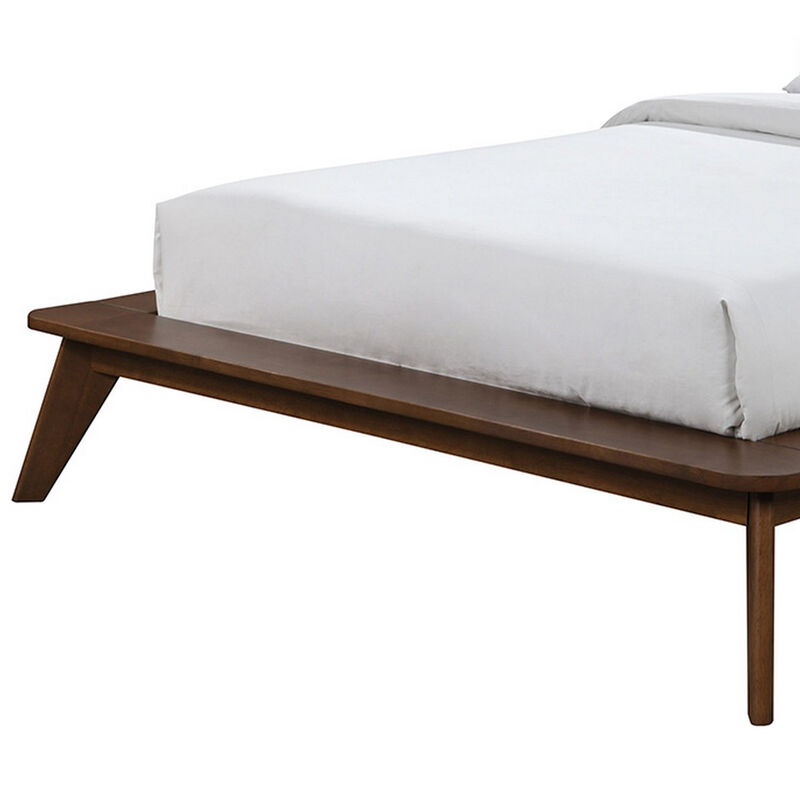 Linzy Queen Bed, Beige Boucle Upholstered Winged Edge, Brown Solid Wood - Benzara