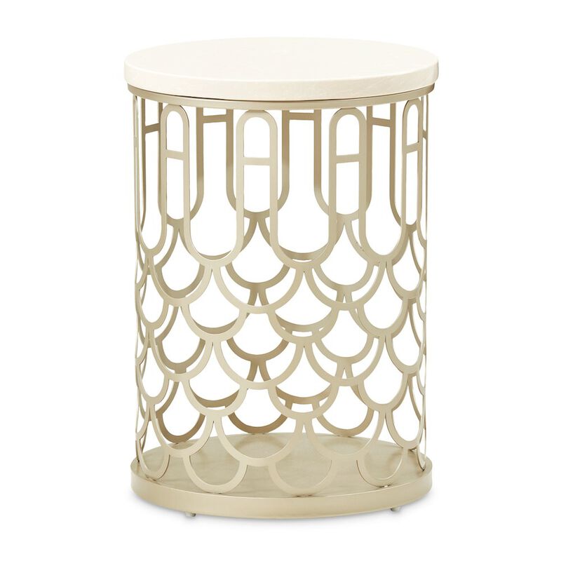 Michael Amini La Marisia Marble Chairside Table - Creamy Pearl/Champagne