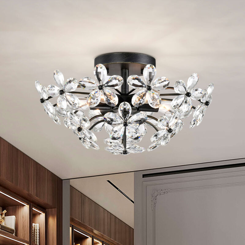 Coral 6-Light Antique Black Daisy Flower Crystal Flush Mount image number 1