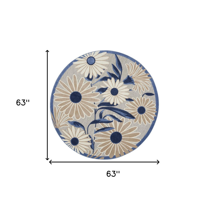 HomeRoots 5' Blue And Gray Round Floral Indoor Outdoor Area Rug image number 6