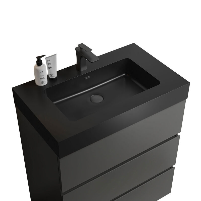 Alice 30" Gray Bathroom Vanity with Sink, Large Storage Freestanding Bathroom Vanity for Modern Bathroom, One-Piece Black Sink Basin without Drain and Faucet