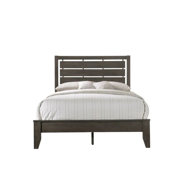 Benjara Eve Full Size Bed, Slatted Headboard, Chamfered Legs, Gray Wood, Modern