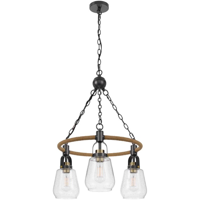 3 Light Chandelier, Rope Accents, Bubble Glass Bulbs, Black Metal 28 Inch image number 4