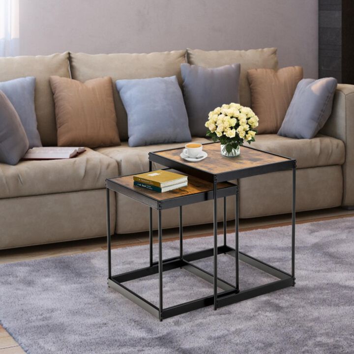 Hivvago Set of 2 Modern Nesting End Tables with Metal Legs for Living Room-Rustic Brown