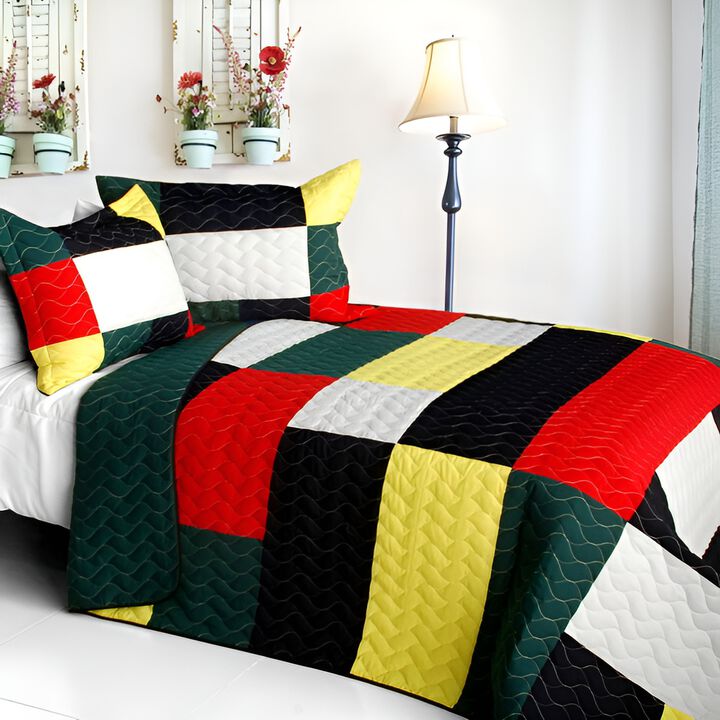 Soft Patchwork Striped Quilt 3 Piece Set with Vermicelli Quilted Design Bedding-Multi Color