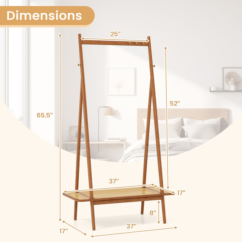 Wicker Storage Rack with Hanging Rod, Rattan Shelf, and Copper Hook Details