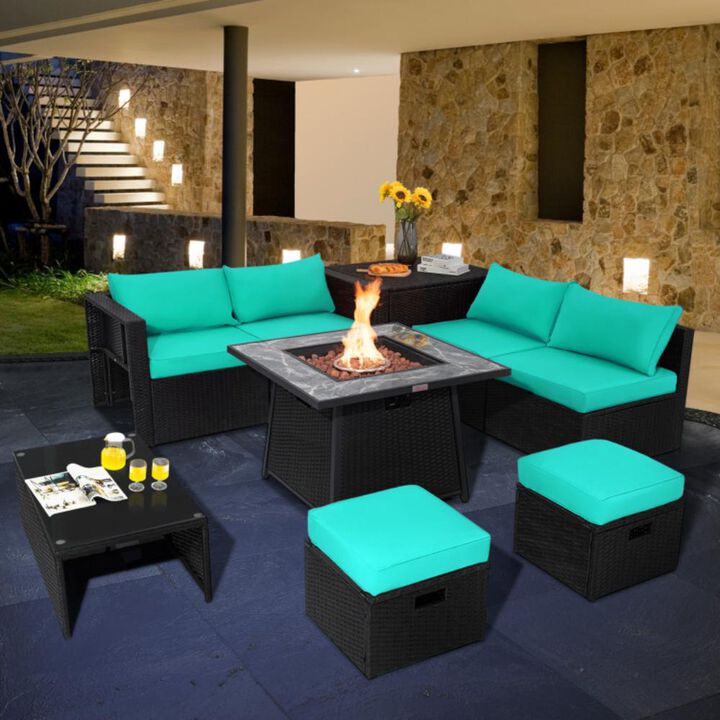 Hivvago 9 Pieces Outdoor Wicker Sectional with 35 Inch Gas Fire Pit Table