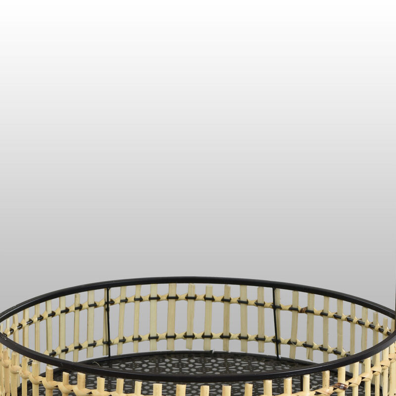 Elpis Wall Mirror Decor with Woven Shelf, 20 Inch Tall Black Metal - Benzara