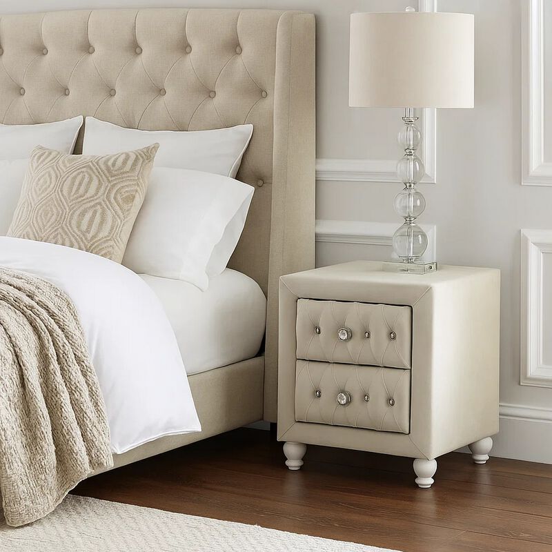 Rex Nightstand, 2 Drawers, Classic Crystal Tufted Beige Upholstery image number 1