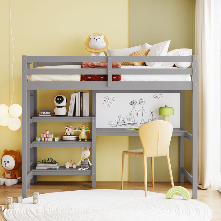 Twin Size Wooden Loft Bed with Shelves, Desk and Writing Board - Gray