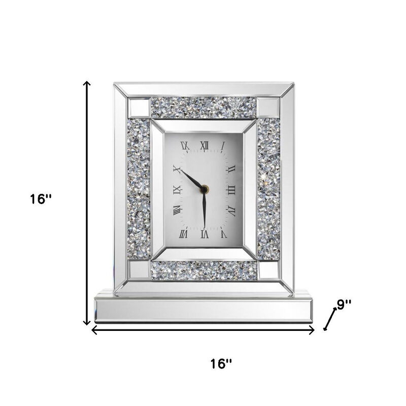 HomeRoots 16" Silver And White Faux Crystal And Mirrored Glass Table Clock image number 3
