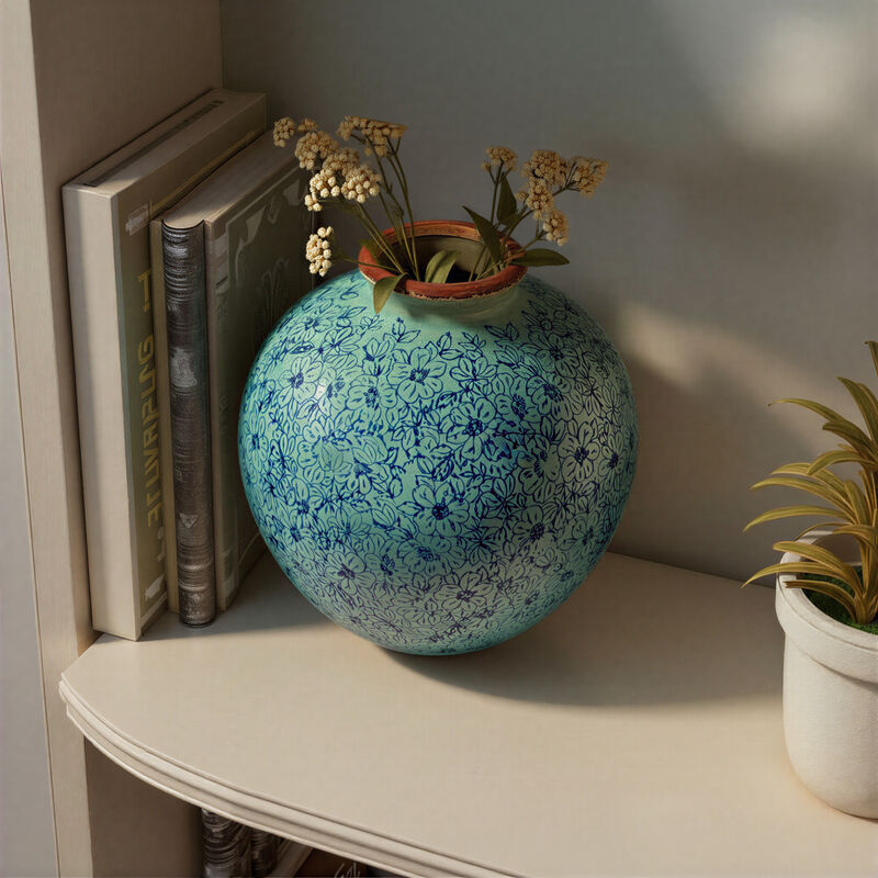 Round Decorative Terra-cotta Vase with Transferware Pattern, Blue image number 1