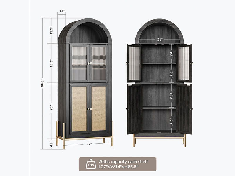 BELLEZE Modern Arched Kitchen Pantry, 5-Tier Wood Decorative Storage Cabinet with Reeded Glass Door and Adjustable Shelves, Freestanding Accent Display Cabinet for Home Living Room, Black