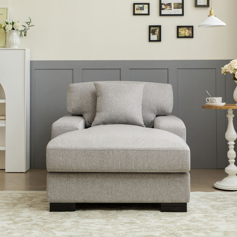 Modern Mid Century Indoor Oversized Chaise Lounger Comfort Sleeper Sofa with Pillow and Soild Wood Legs, Linen, Gray