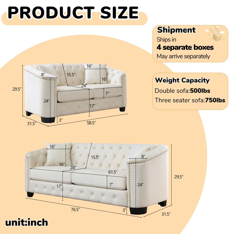 Velvet Chesterfield Sofa Set, Button Tufted Deep Seat Sofa Set with Nailhead Trim, Padded Armrest Couch Set with Throw Pillows image number 2