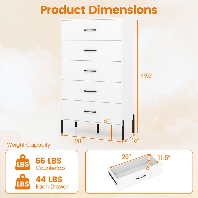 Modern Tall 5-Drawer Storage Chest with Metal Legs - White image number 2
