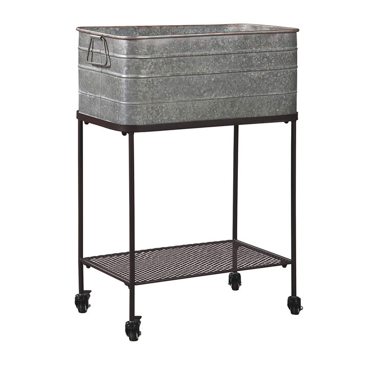 Rectangular Metal Beverage Tub with Stand and Open Grid Shelf, Gray and Black-Benzara