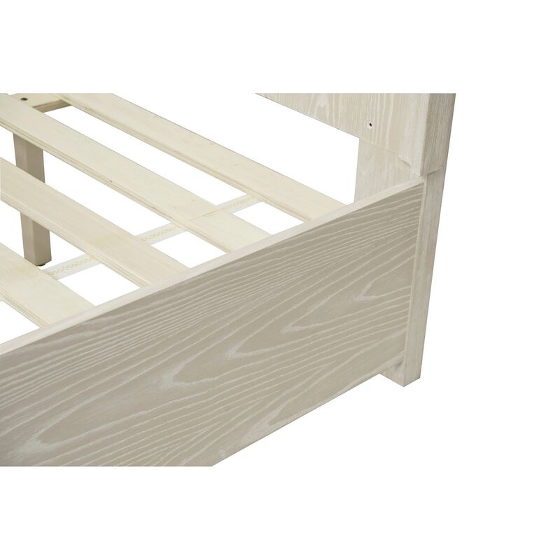 Maxi Queen Size Platform Bed, High Headboard, Wire Brushed Wood, Beige - Benzara