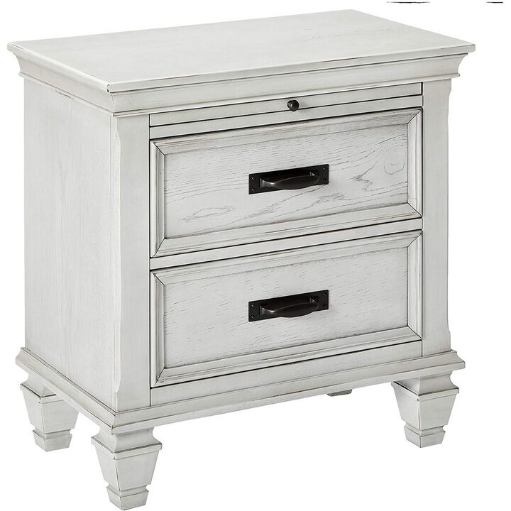 Wooden Nightstand with 2 Drawers & 1 Pull Out Tray, White-Benzara