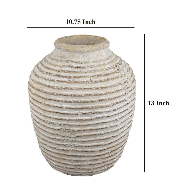 Lezlee Accent Planter, Beige Terracotta, Ridged Textured Urn, 13 Inch - Benzara