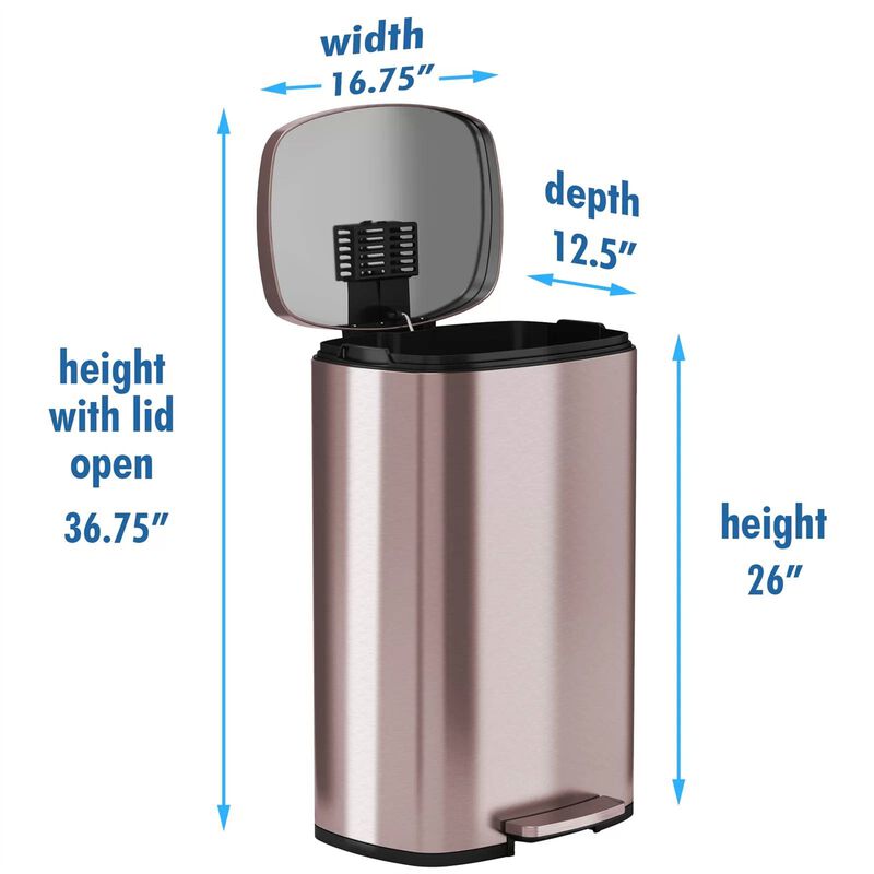 Hivvago 13 Gallon Copper Rose Gold Stainless Steel Step Trash Can with Deodorizer Filter