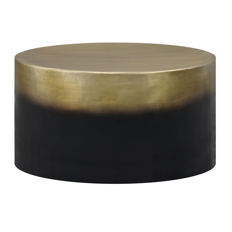 Dyan Coffee Table, 34.5 Inch Round Drum Shape, Black, Gold Antique Brass Ombre