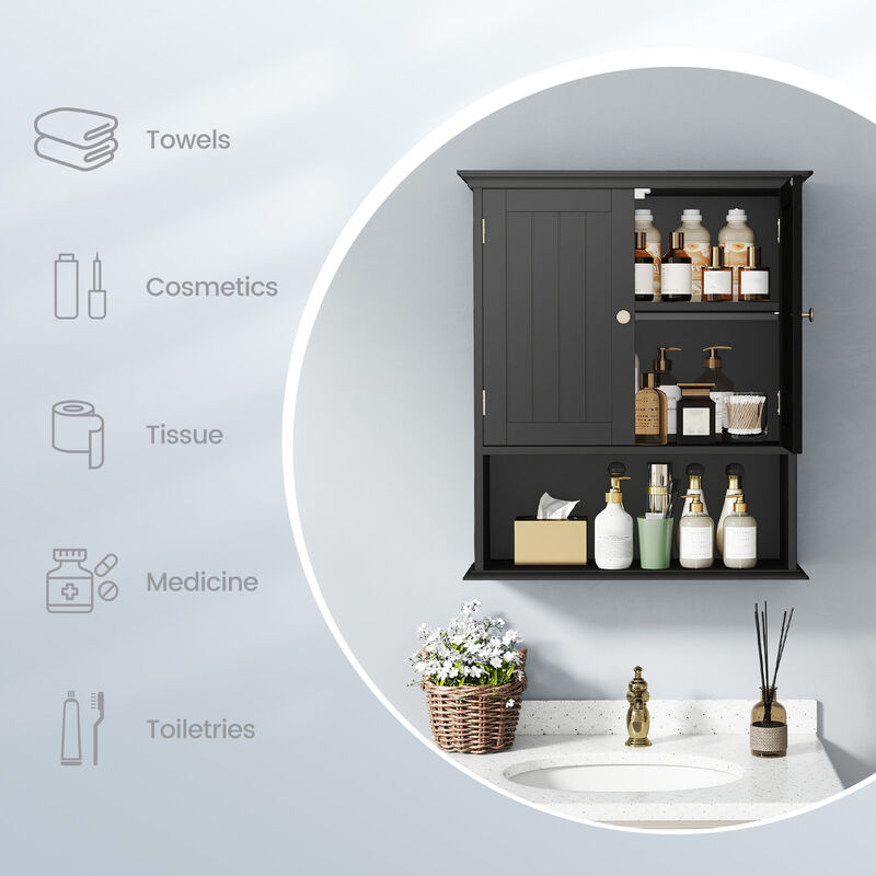 Wall Hanging Bathroom Cabinet with Enclosed Storage and Open Shelves