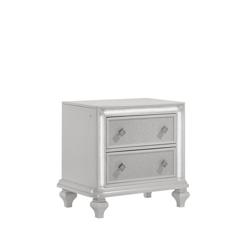 Stacy Nightstand with 2 Drawers and LED Lights, Silver and White Wood