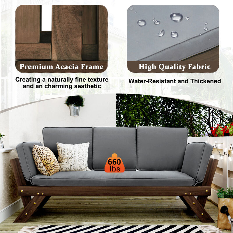 Adjustable Patio Daybed with Convertible Chaise Lounge Acacia Wood for Small Spaces