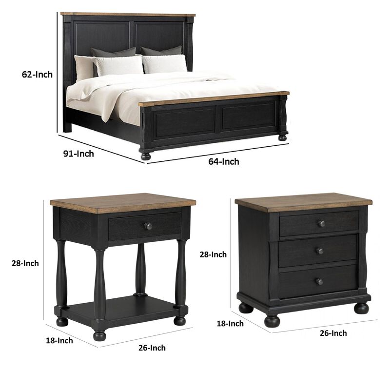 Queen Bedroom Set, Black, Oak Brown, Pewter Wood, 3 Piece Set with 2 Nightstands image number 7