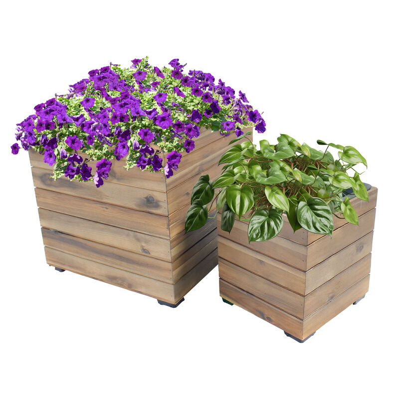 Sunnydaze 2-Piece Acacia Square Planter Boxes with Liners